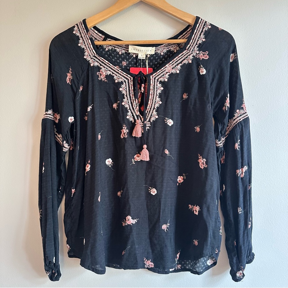 NWT Lovestitch Embroidered Blouse Women’s Small | Black Pink Floral Boho Top